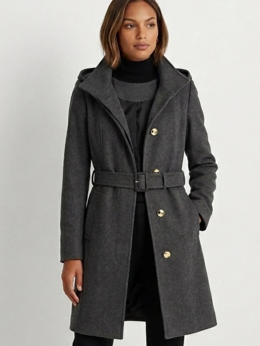 Womens Charcoal Hooded Belted Wool-Blend Coat - Picture 1 of 6
